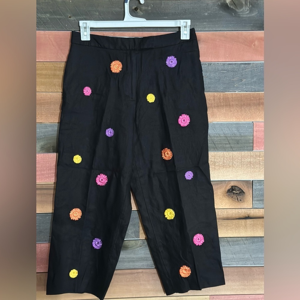 Lily Stanhope black embroidered floral linen capri pants.